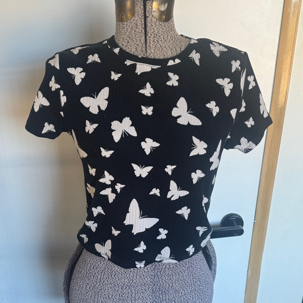 Butterfly Print Blue and White Women's Top